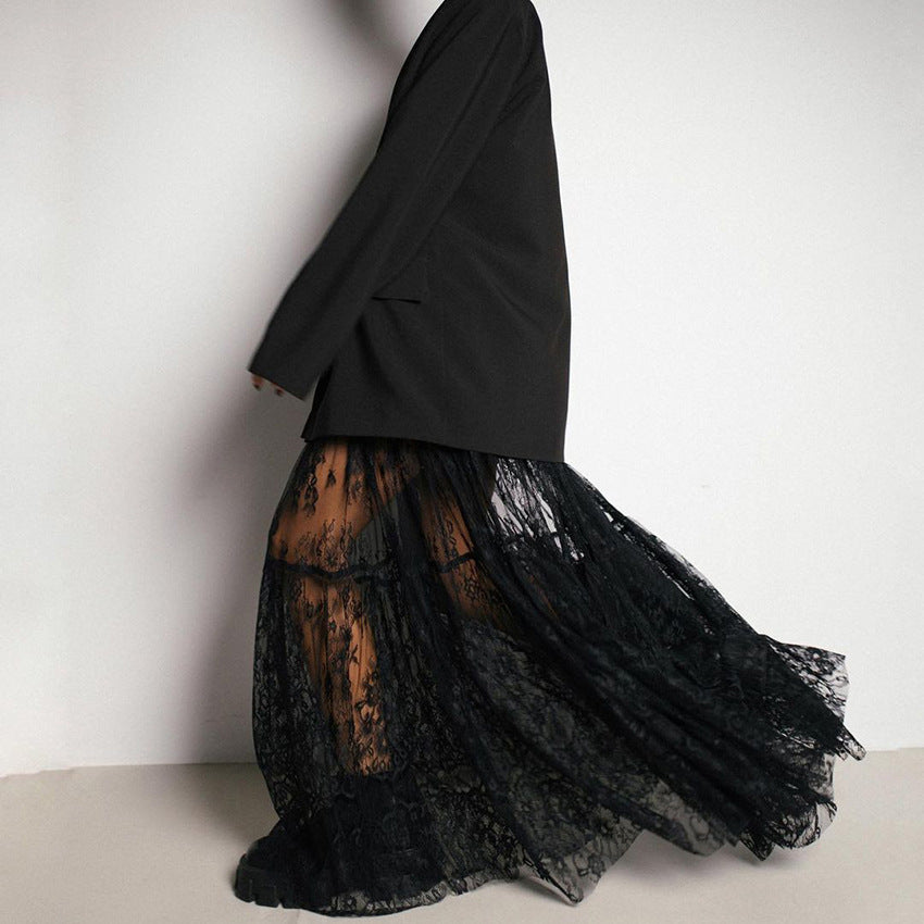 Black Sheer Lace High Waist Pencil Skirt