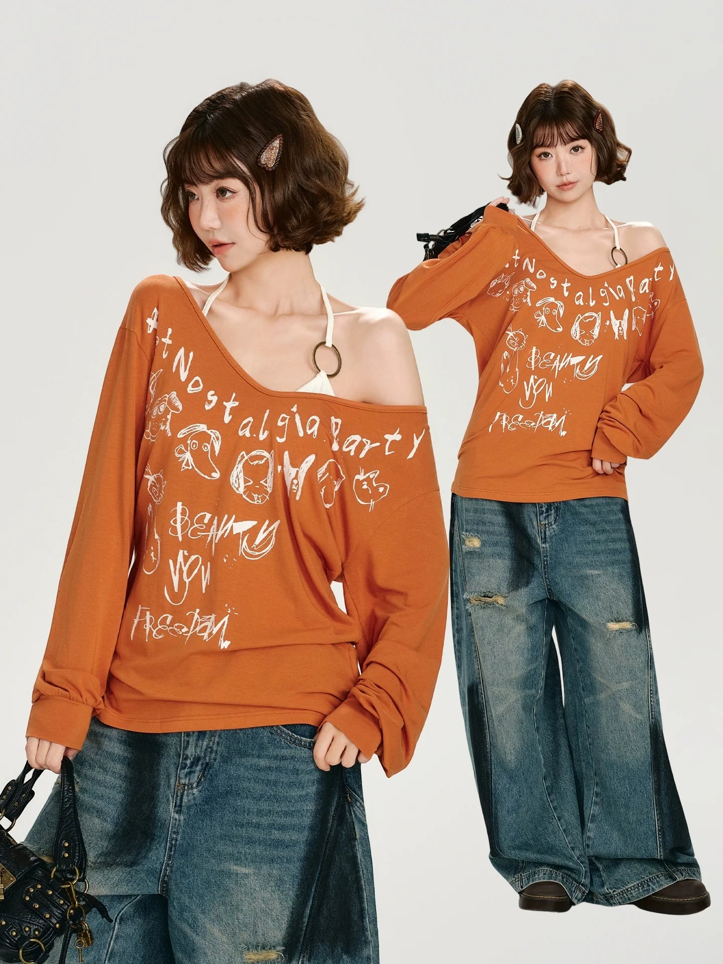 Girlyhalo Retro Babe Print Off-Shoulder Long Sleeve T-Shirt