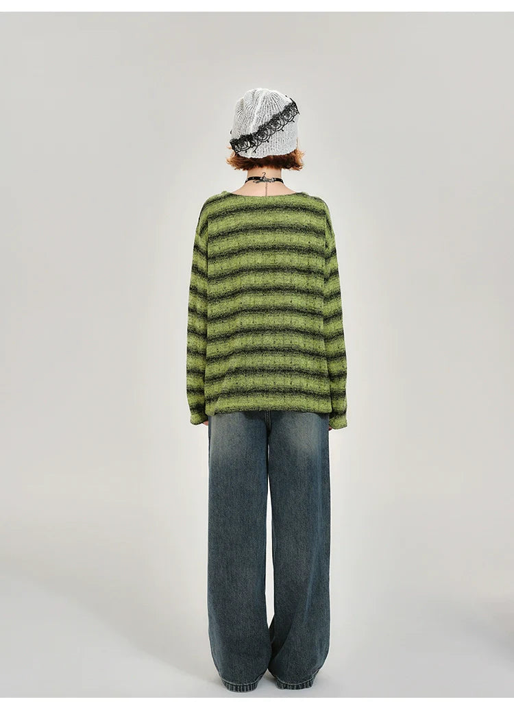 Girlyhalo Retro Green Striped Long Sleeve T-Shirt for Women-Green Striped-S-Free Shipping Leatheretro