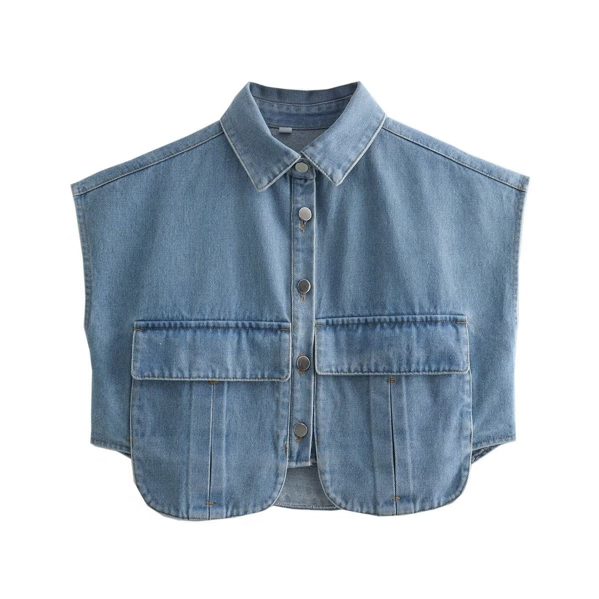 Women's Solid Color Oversized Pocket Sleeveless Polo Collar Denim Shirt Top