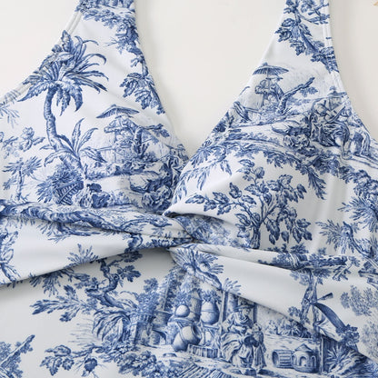 Fashionable Printed Romper with Sun Protection Sheer Cover-Up and Beach Vacation Outfit