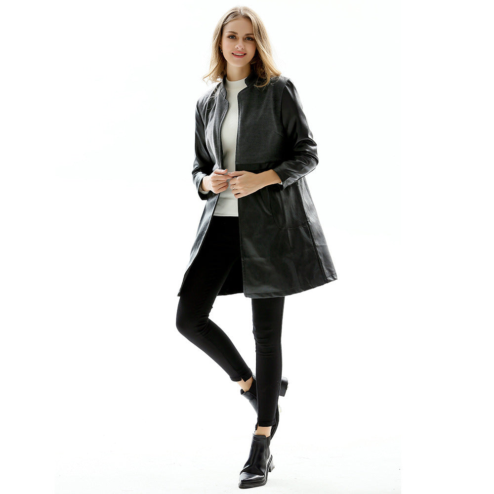 Women's Plus-Size Wool Blend Longline PU Leather Jacket