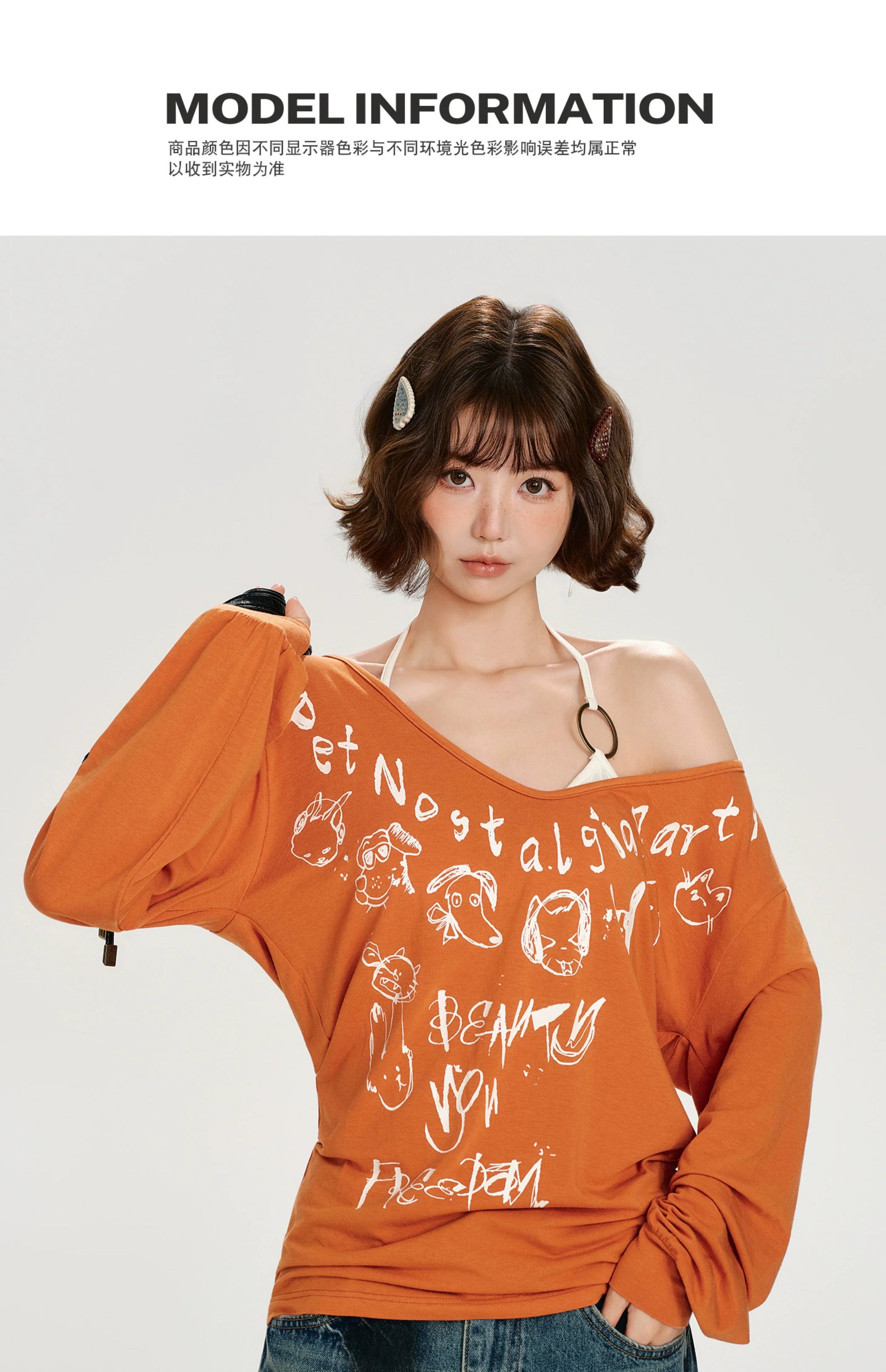 Girlyhalo Retro Babe Print Off-Shoulder Long Sleeve T-Shirt
