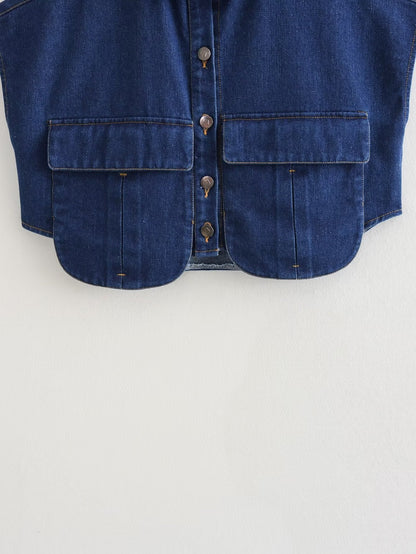 Women's Solid Color Oversized Pocket Sleeveless Polo Collar Denim Shirt Top