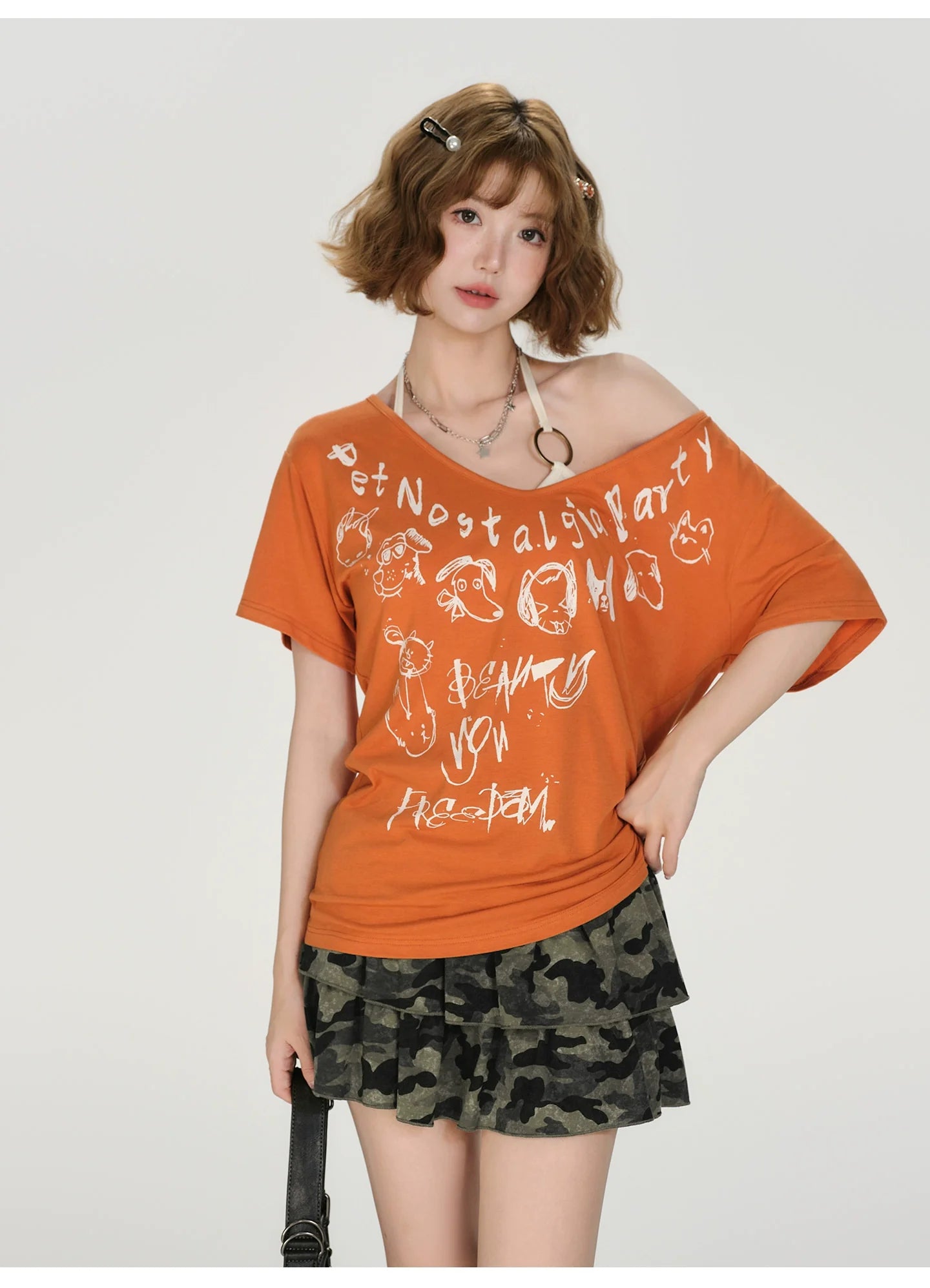 Girlyhalo Retro Baddie Print Off-Shoulder T-Shirt
