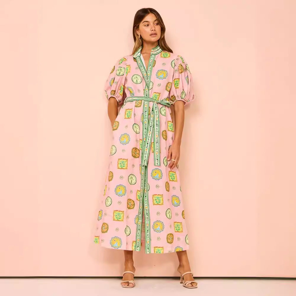 Stylish Linen Dress with Graffiti Print and Lantern Sleeves
