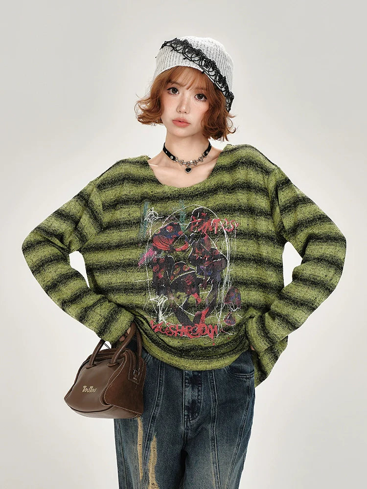 Girlyhalo Retro Green Striped Long Sleeve T-Shirt for Women-Green Striped-S-Free Shipping Leatheretro