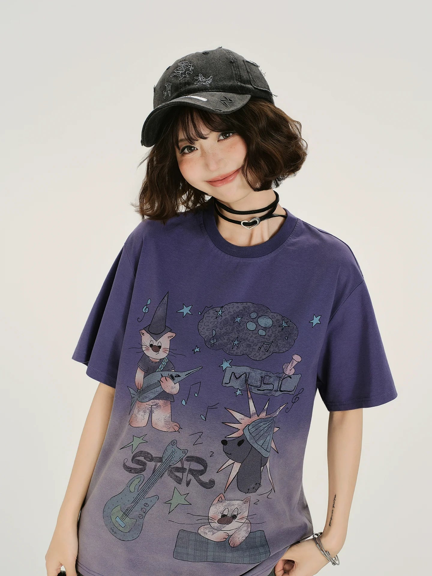 Girlyhalo Vintage Washed Purple Gradient Short Sleeve T-Shirt