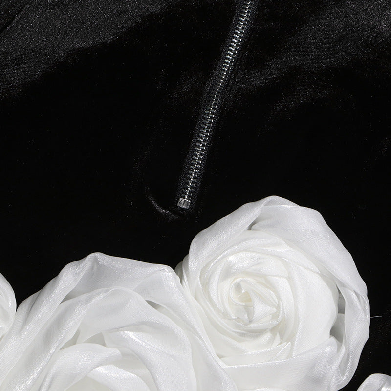 Designed Sexy Velvet Bustier Ball Gown Mini Dress with 3D White Roses