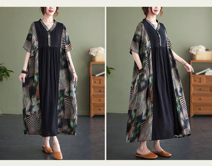 Vintage Summer Plus Sizes Short Sleeves Long Dresses-Dresses-Black-One Size-Free Shipping at meselling99