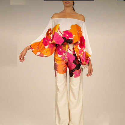 Women's Printed Round Neck Batwing Sleeve Top & Wide-Leg Pants Set