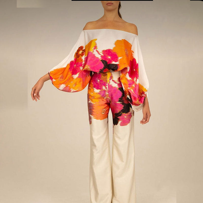 Women's Printed Round Neck Batwing Sleeve Top & Wide-Leg Pants Set
