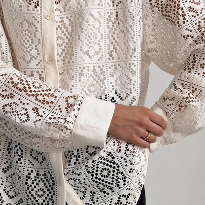 Vintage Lace Blouse – Women's Elegant Long Sleeve Sheer Office Shirt-Ivory-S-Free Shipping Leatheretro