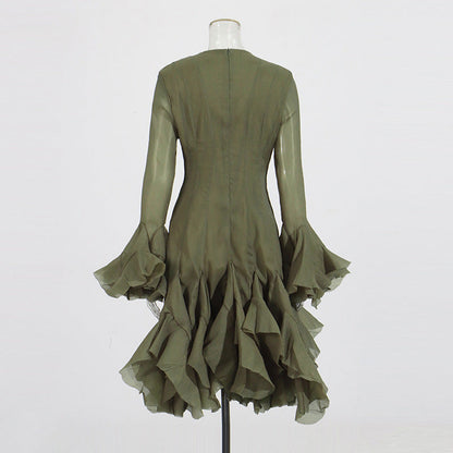 Designed Elegant Round Neck Patchwork Hem Flounce Midi Dress with Bell Sleeves