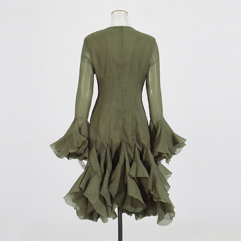 Designed Elegant Round Neck Patchwork Hem Flounce Midi Dress with Bell Sleeves