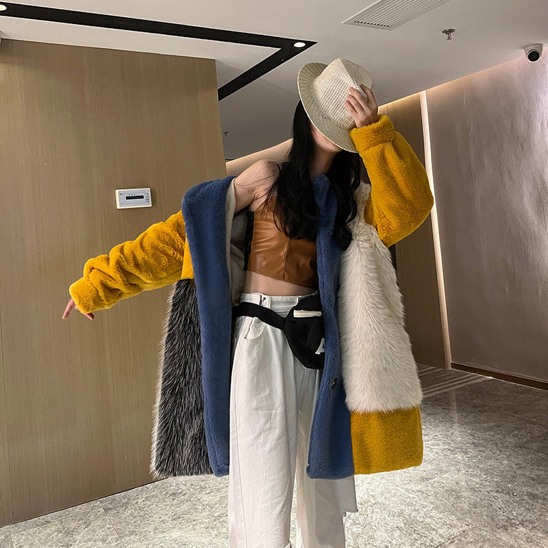 Winter Faux Fur Jacket with Contrast Collar, Oversized Outerwear