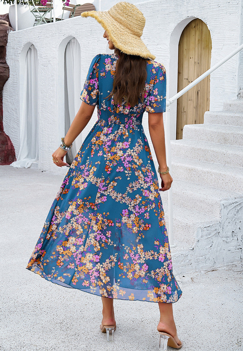 Women's Floral Print Chiffon Dress – Short Sleeve, Waist-Tied