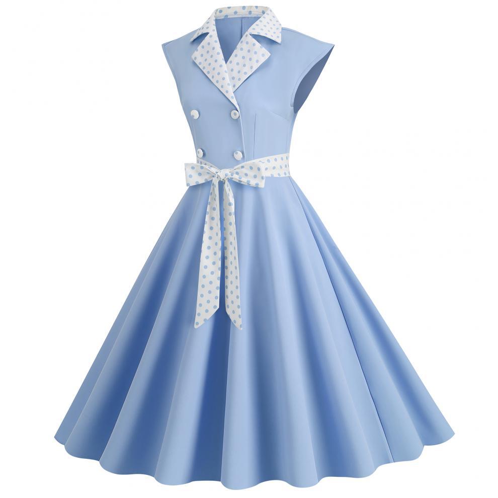 Elegant V-Neck Polka Dot & Solid Color A-Line Dress with Belt for Women