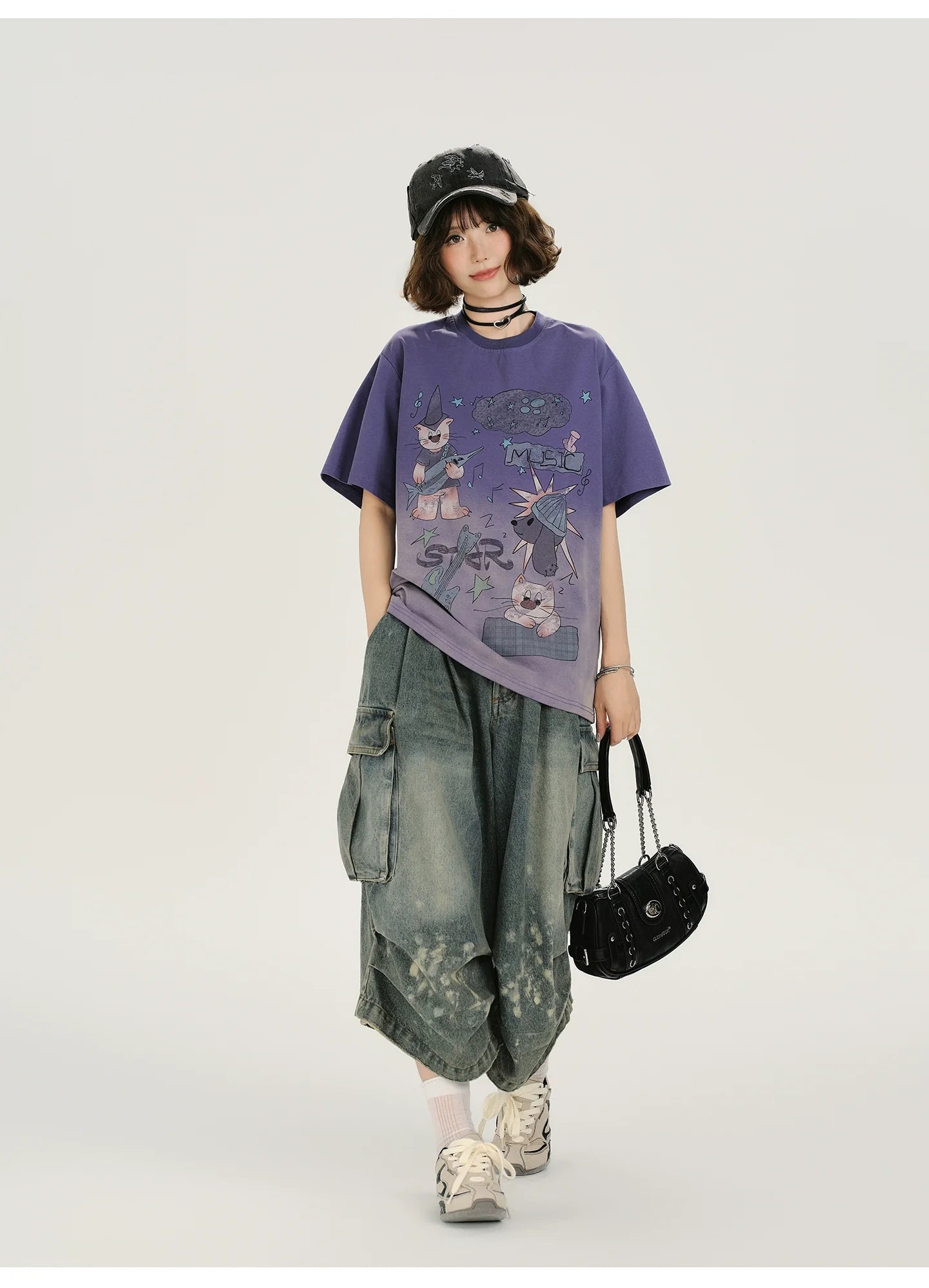 Girlyhalo Vintage Washed Purple Gradient Short Sleeve T-Shirt