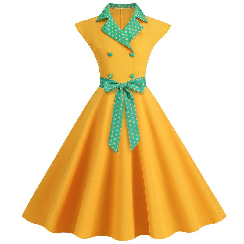 Elegant V-Neck Polka Dot & Solid Color A-Line Dress with Belt for Women