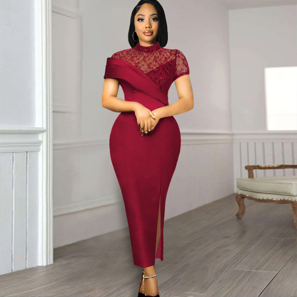 Vintage Lace Short Sleeves Party Dresses for Women-Dresses-Wine Red-S-Free Shipping at meselling99