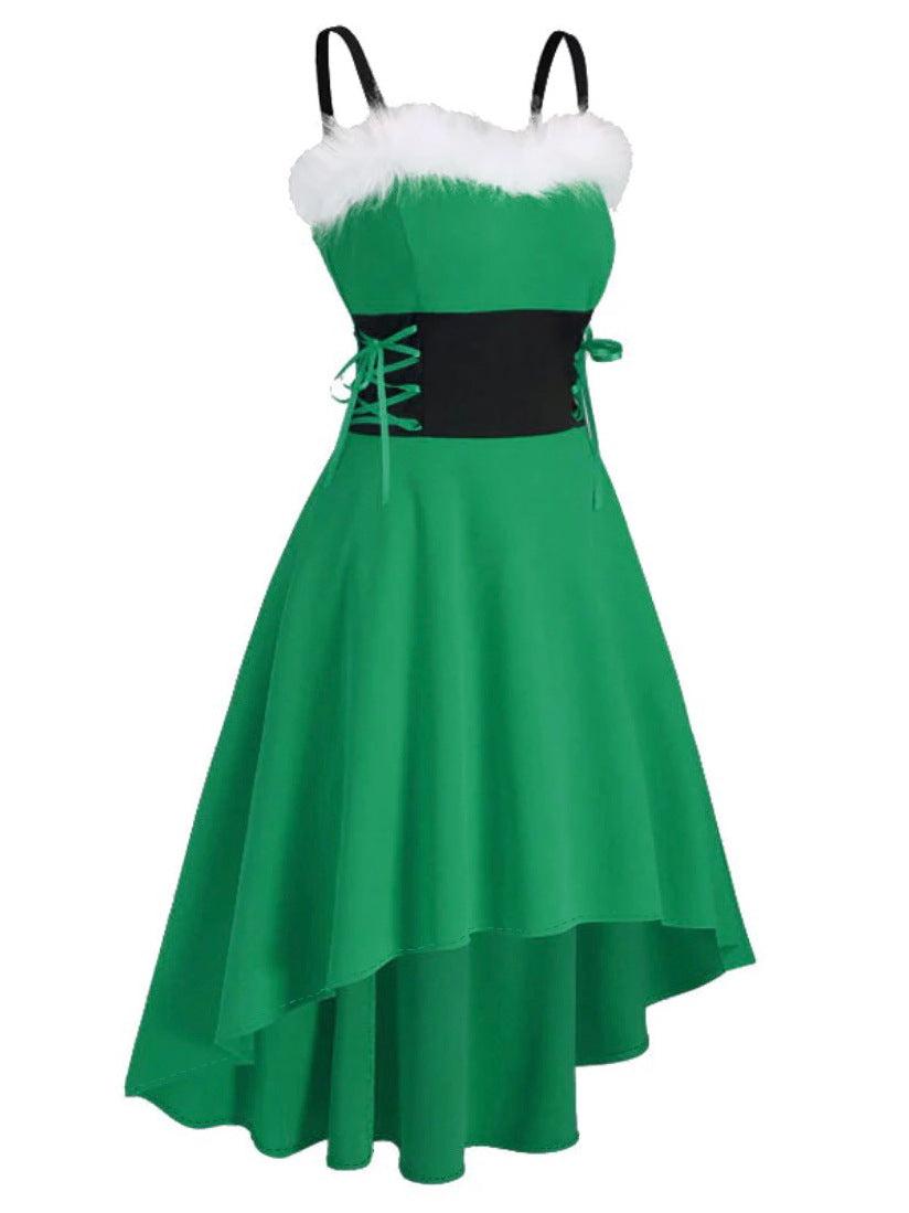 Christmas Party Bunny Outfit - Faux Fur Trim Off-Shoulder Bow Dress