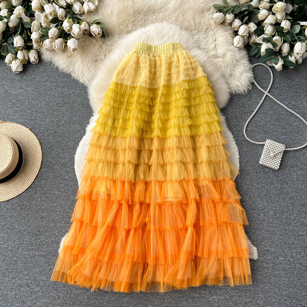 Women's Mid-Length Gradient Mesh A-Line Cake Skirt