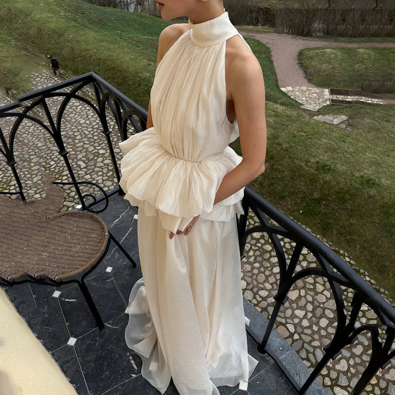 Elegant High-Neck Sleeveless Summer Dress with Waist Ruffle Detail