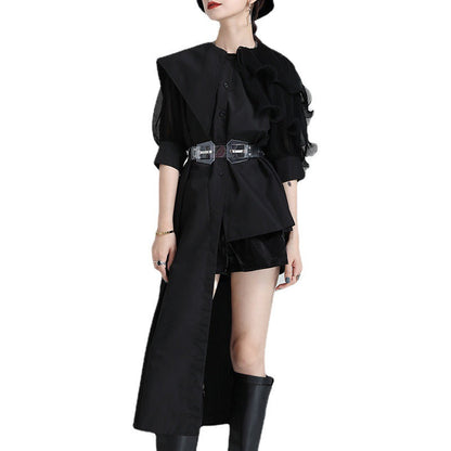 Summer Asymmetrical Bubble Sleeve Shirt Dress with Peplum Waist & Patchwork Design