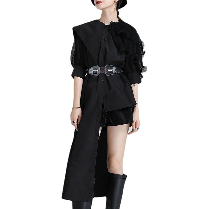 Summer Asymmetrical Bubble Sleeve Shirt Dress with Peplum Waist & Patchwork Design