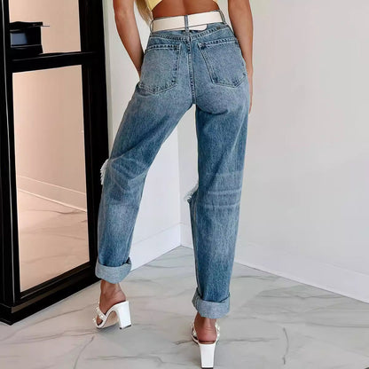 Casual High Waist Broken Holes Jeans for Women
