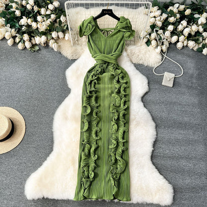 High-End Pleated Dress – Luxury Women's Designer Ruffle Hem Slim Fit Long Maxi Dress