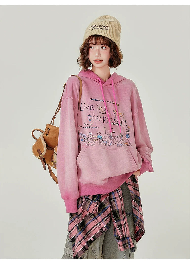 Girlyhalo Retro Hooded Sweatshirt-Pink without Velvet-S-Free Shipping Leatheretro