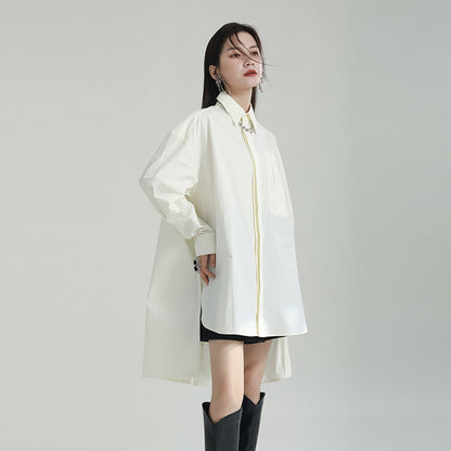 Oversized Asymmetrical Shirt – Trendy Longline Loose Fit Casual Blouse-Apricot-One Size-Free Shipping Leatheretro