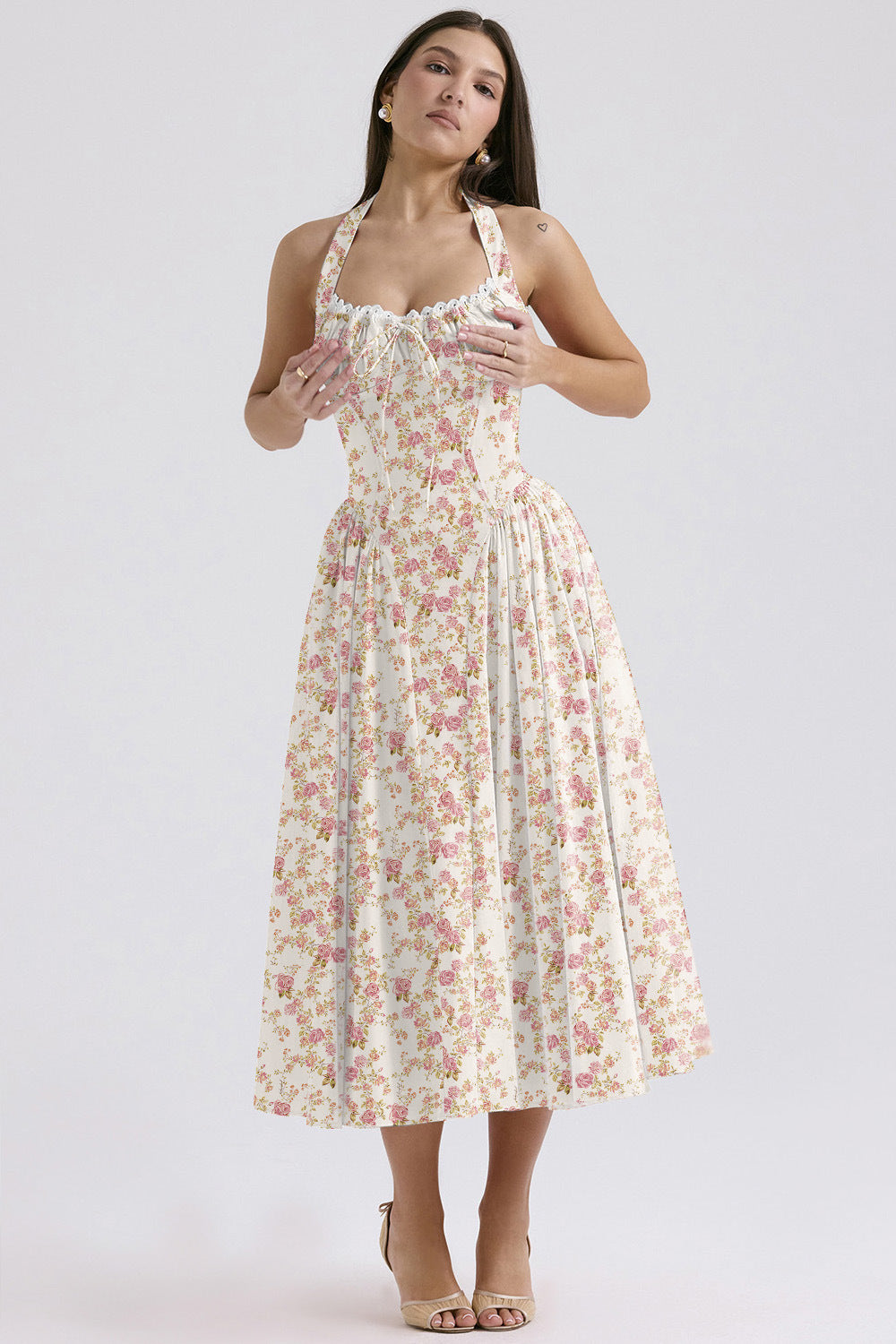 Women's Summer Floral Print Bodycon Halter Neck Maxi Dress