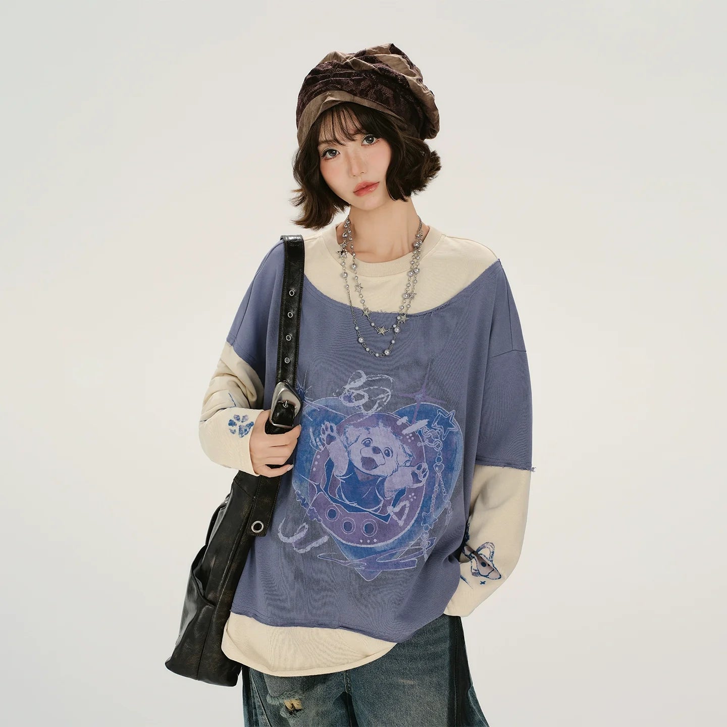 Girlyhalo Retro Print Long-Sleeve Pullover Sweatshirt for Women