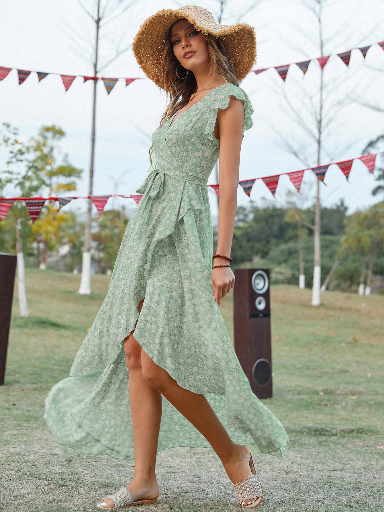 Bohemian V-Neck Tie-Waist Maxi Dress