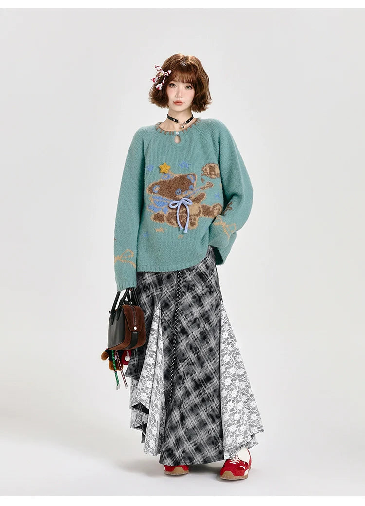 Girlyhalo Cozy Retro Bear Knit Sweater Women