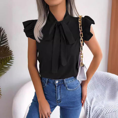 Solid Color Ruffled Tie-Bow Blouse – Elegant Women’s Shirt
