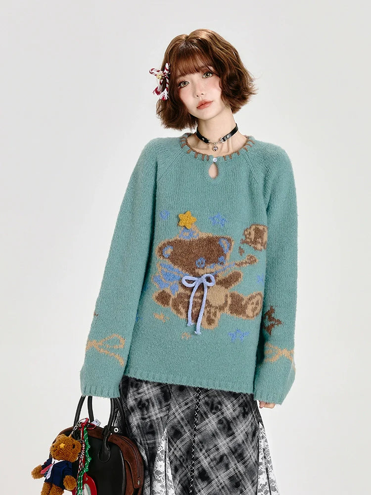 Girlyhalo Cozy Retro Bear Knit Sweater Women