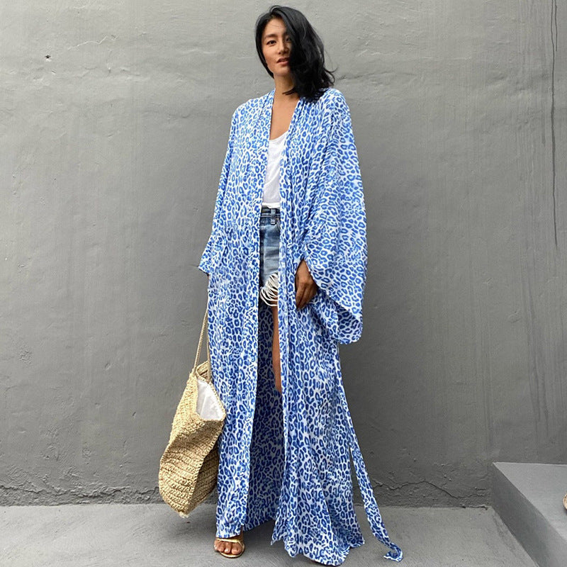Leopard Print Long Kimono Cover-Up