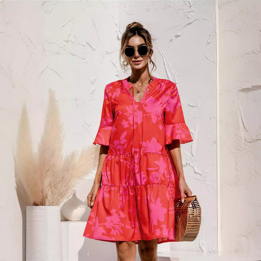 Women's V-Neck Flared Sleeve Tiered Contrast Panel Dress