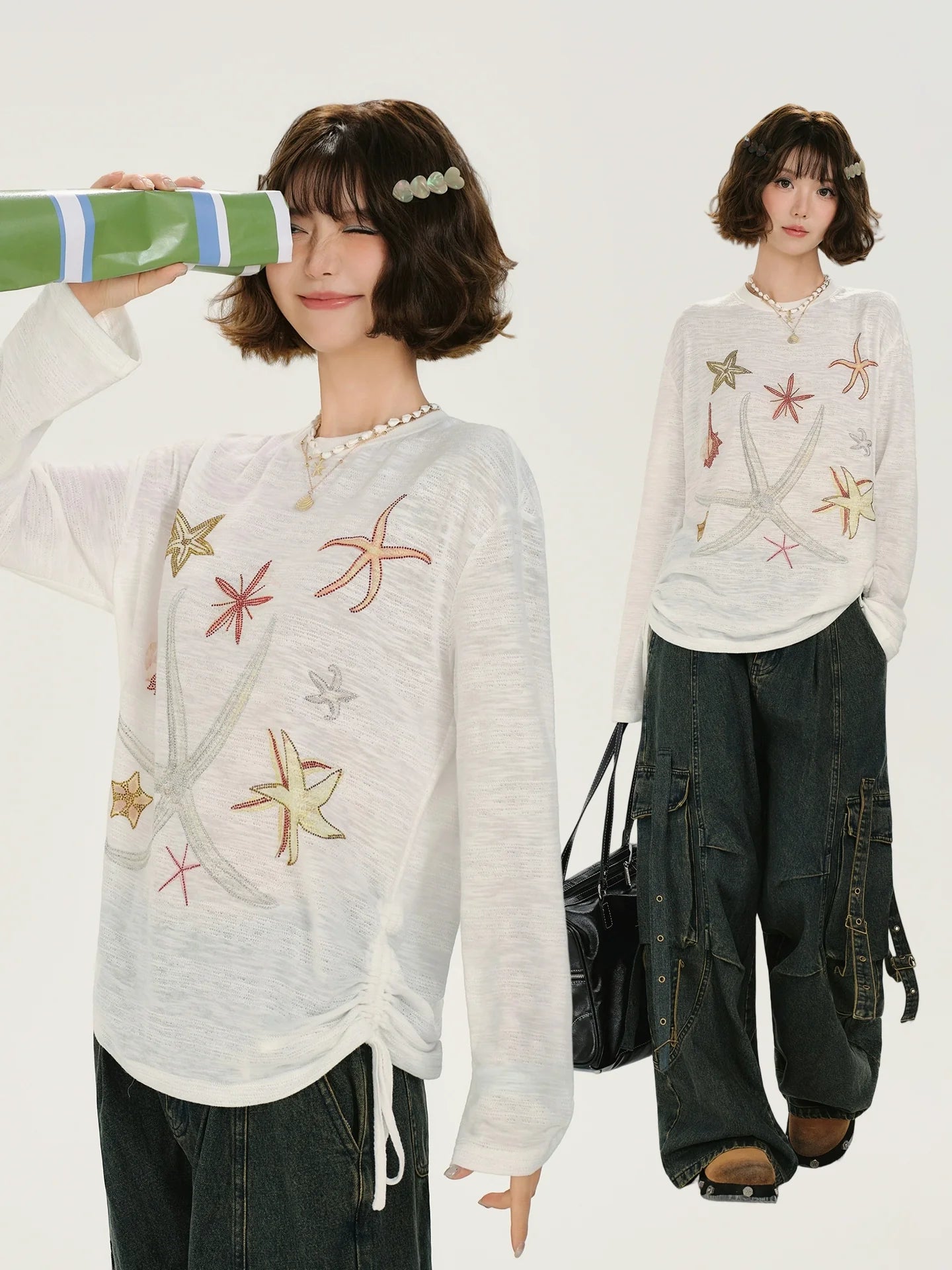 Girlyhalo Retro Print Rhinestone Long Sleeve T-Shirt
