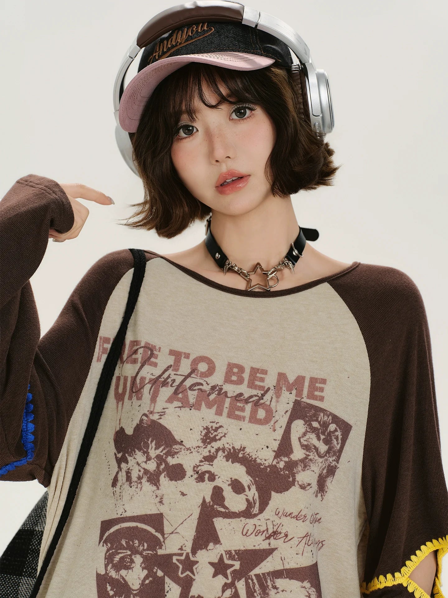 Girlyhalo Retro Print Color-Block Long Sleeve T-Shirt