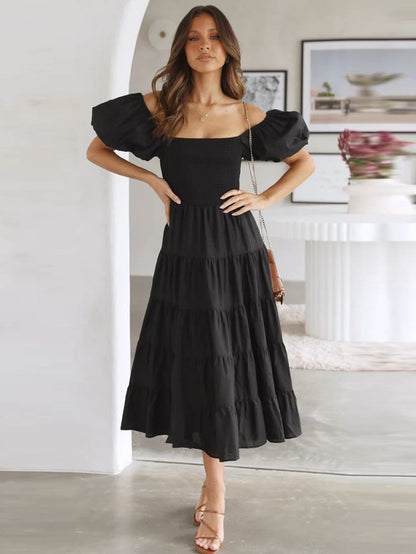 Spring Summer Off-Shoulder Floral Print Puff Sleeve Dress