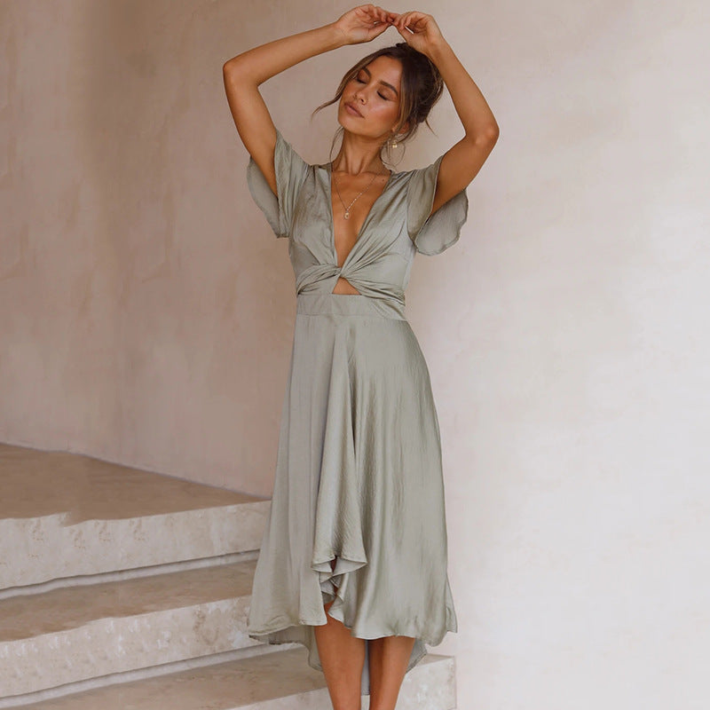 Elegant & Sexy V-Neck Tie-Waist Asymmetrical Dress