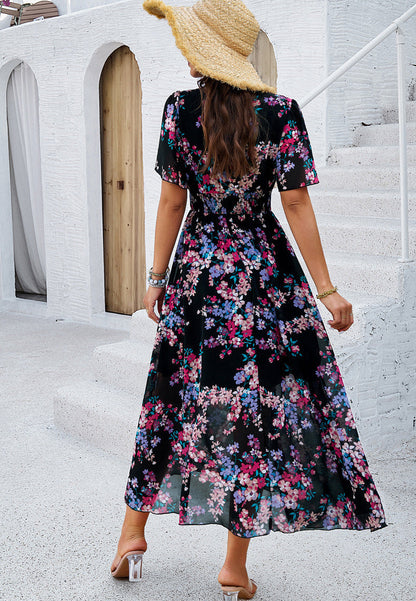 Women's Floral Print Chiffon Dress – Short Sleeve, Waist-Tied