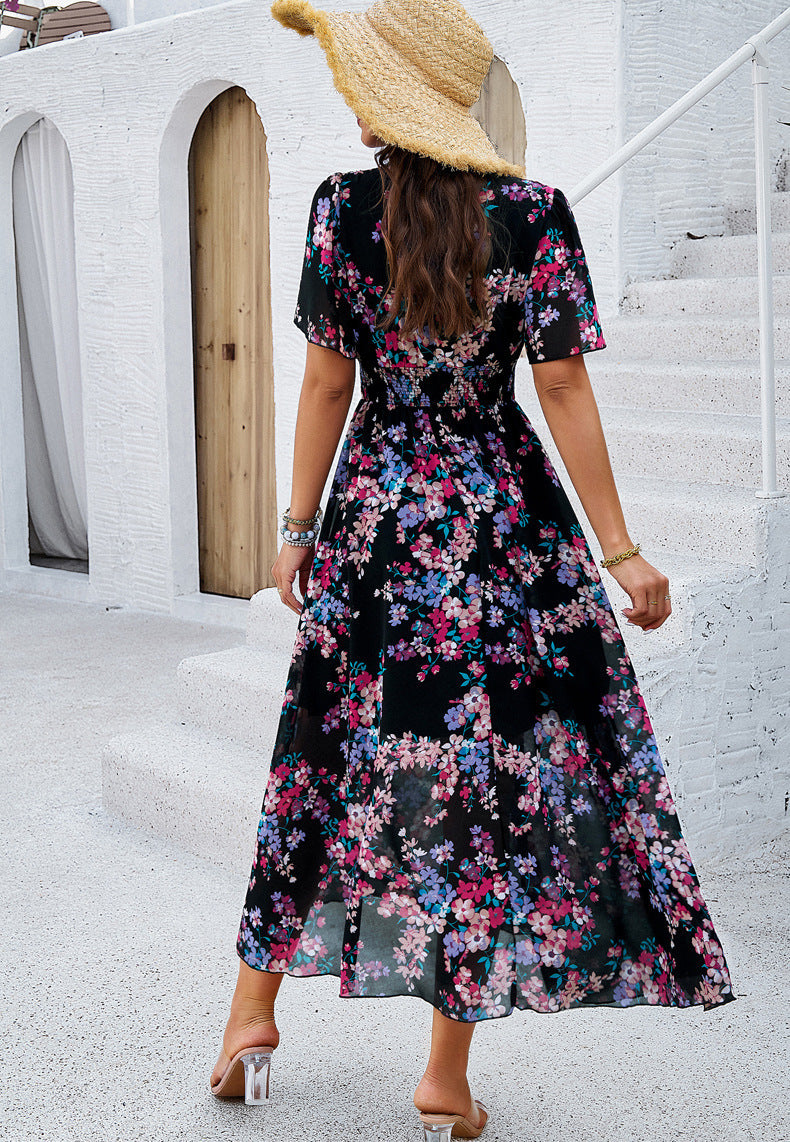 Women's Floral Print Chiffon Dress – Short Sleeve, Waist-Tied