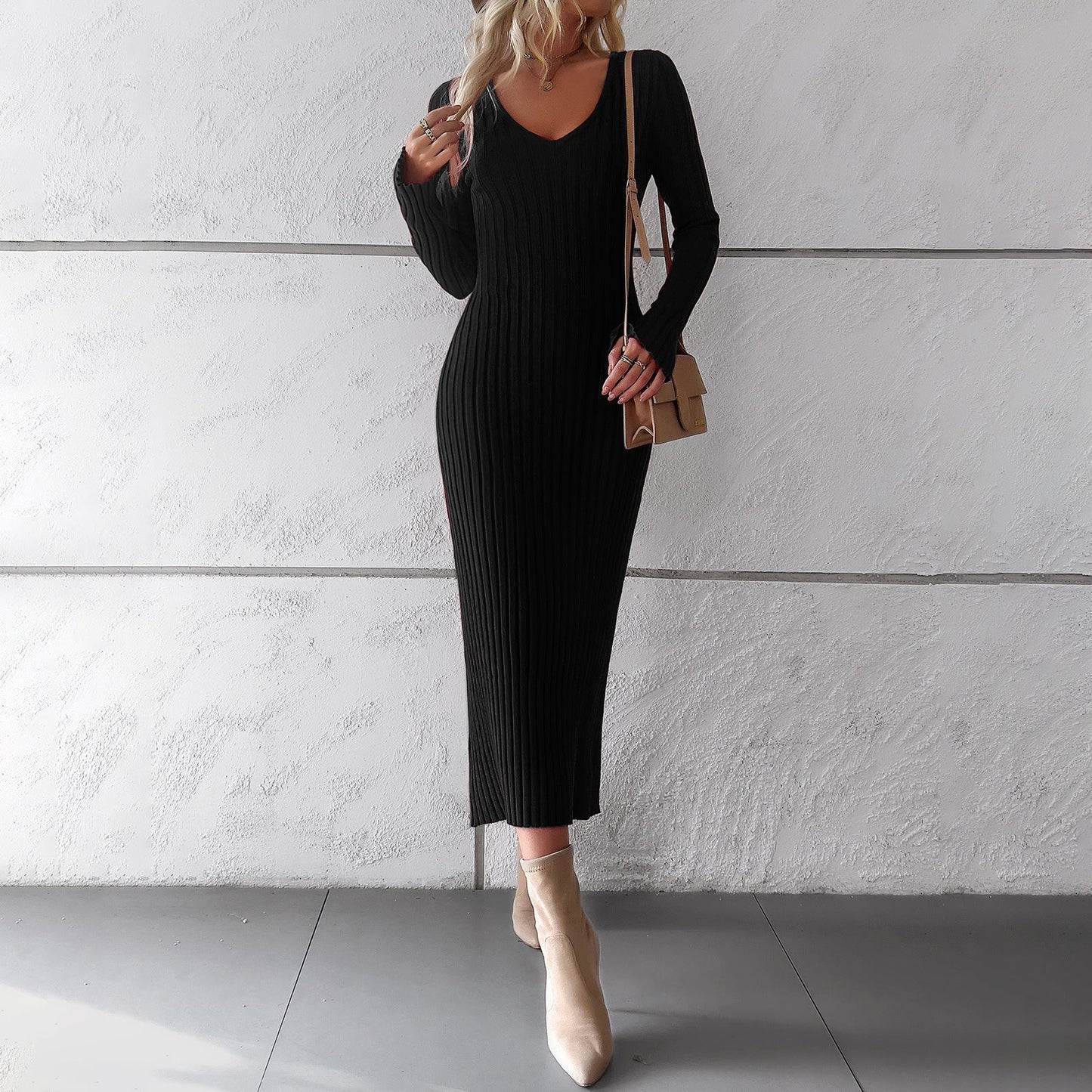Elegant V Neck Long Sleeves Knitted Dresses