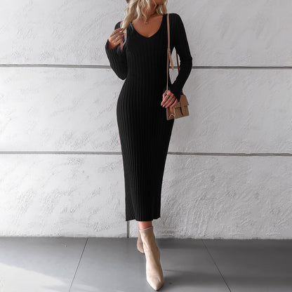 Elegant V Neck Long Sleeves Knitted Dresses
